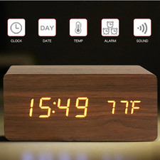 Wooden LED Digital Alarm Clock with Temperature Display for Bedside Desk