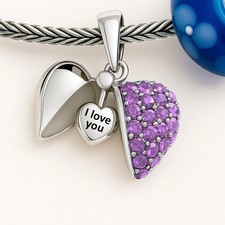 Romantic Purple Crystal Heart - Sterling Silver 'I Love You' Charm for Bracelets
