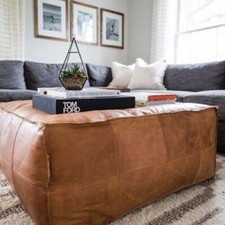 Leather Pouf Ottoman Moroccan Genuine Footstool Pouffe Morrocan Handmade Brown