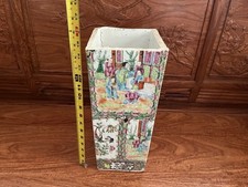 Antique Chinese Rectangle 15” Rose Medallion Porcelain Vase/ Umbrella Stand