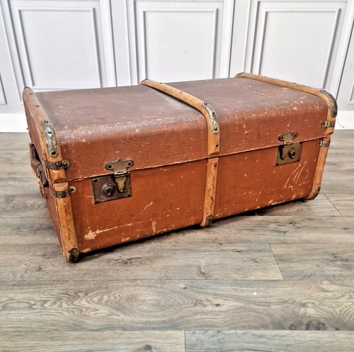 Antique banded travel trunk - travel,