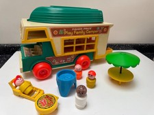 VINTAGE FISHER PRICE CAMPER VAN WITH BOAT LOUNGER BARBECUE FIGURES