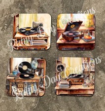 vintage vinyl and record player design wooden coasters