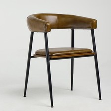 Captains Dining Chair Olive Brown Genuine Leather Seat Black Industrial Base