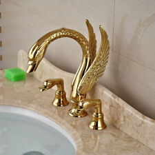 Gold Swan Style Bathroom Basin Sink Faucet 2 Handle 3 Hole Deck Mount Mixer Tap