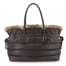 Tod's fur tote bag in brown leather with silver hardware.