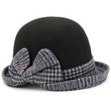 UK Lady Retro Felt Bucket Hat Cloche Church Bowler with Bow Houndstooth Hat Cap