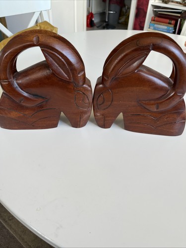 Pair vintage wood - carved, ram