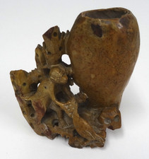 VINTAGE HAND CARVED SOAPSTONE CALLIGRAPHY POT FOR BRUSHES/TOOLS ANIMALS /BIRDS