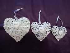 Large Set of 3 Rustic White Rattan Hanging Hearts with Ceramic Notes & Ribbon