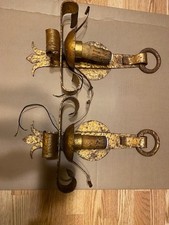 SPANISH REVIVAL  EXTRA LARGE GOLD GILDED ELECTRIC WALL SCONE PAIR! 19 IN. TALL!