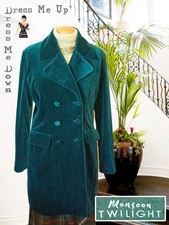 Monsoon Twilight Jade Velvet Coat Double Breasted Size 12 Really Excellent