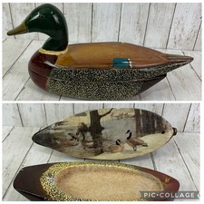 Wooden Folk Art Hand Carved Mallard Duck Decoy Box W/ Goose Landscape Signed