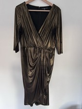 Little Mistress London Metallic gold drape twist  party cocktail dress  16 Uk