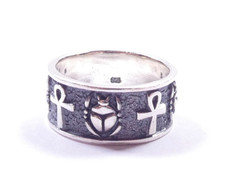 Egyptian Band Ring Scarab Beetle Ankh Cross Oxidised 925 Sterling Silver 4.9g