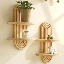 Boho Style Wooden Wall Shelves Geometric Wall Mounted Shelve Natural Wood Finish