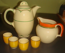 CLARICE CLIFF CERAMIC NEWPORT BIZARRE EGG CUPS, ART DECO COFFEE POT AND MILK JUG