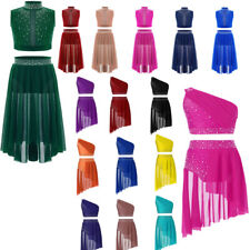 UK Girl's 2 Piece Lyrical Costume Ballet Rhinestones Crop Top Mesh Leotard Skirt