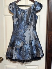 Rubber Ducky Dress Womens Small Floral Brocade Fit Flare Cap Sleeve Lace Trim