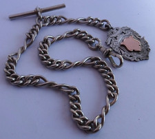 Victorian solid silver fancy pocket watch albert chain w/ silver & gold fob