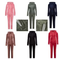 Womens Velvet Velour 2 Stripe Panel Hooded Joggers 2PCS Ladies Tracksuit Set