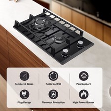 2 Burners Gas Hob 30cm Black Tempered Glass Kitchen Built in Gas Cooktop NG/LPG