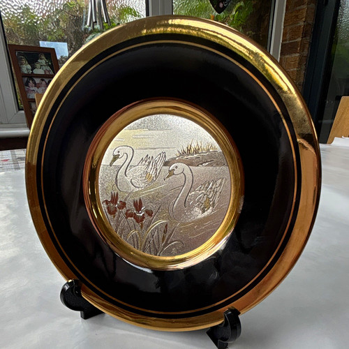 Chokin art 24k gold edged - chokin, swan