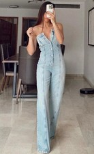 ZARA NEW WOMAN OFF SHOULDER TRF STRAPLESS DENIM JUMPSUIT BLUE Size S 8197/059