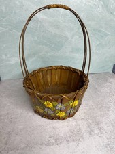 Vintage bamboo wooden basket flowers one handle decor gift 13"