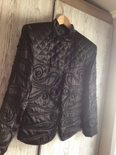 SUZELLE Black Satin Quilted Beading Mandarin Coller JACKET Size 12 Fully Lined 