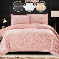 3 PCS Velvet Quilted Bedspread Throw & Pillow Shams Double King Size Bedding Set