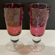 Wine Glass Cranberry Flash Footed Etched Set of 2 Vintage 5 1/8 Tall READ #26