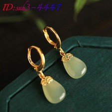 Real Jade Water drop Earrings Carved Gemstone 18K Gold Plated Natural Jewelry
