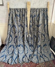 Vintage O'HANLON & CO Navy Silver Floral Brocade Pair of Curtains D80"x W76"
