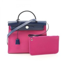 HERMES Herbag Zip PM Shoulder Handbag Toile officier canvas leather Pink Navy C