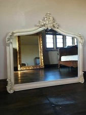 Antique Cream Ivory French Swept Ornate Period Over Mantle Arch Wall Mirror 