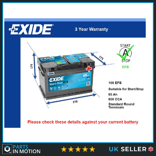Efb car battery el652 exide - battery,