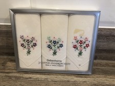 Vintage Ladies Cotton Handkerchiefs, Debenhams, Floral Embroidery, Boxed BN