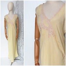 Vintage 1920s 1930s 1940s Deco Yellow Silk Cream Lace Lingerie Slip Dress Gown