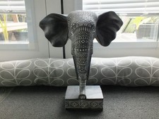 Large Wooden Carved Elephant Head On Stand