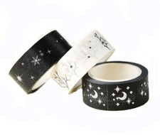15mm Black & White Washi Tape - Moon, Stars, Snowflakes - silver and gold detail