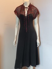 Vintage 70s Black Moss Crepe & Red Flocked Chiffon Midi Dress S Ossie Clark Era