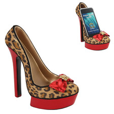 High Heel Shoe Shape Mobile Phone Holder Speakers Sound Enhancers - Leopard Skin