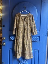 ANOKHI Kaftan Midi Brown Long Sleeve  V Neck Dress size L 100% Cotton Silk Trims