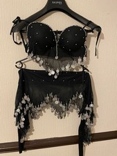 Silver Sequin Black Netted Belly Dancing Costume Set, Bra And Dancing Belt