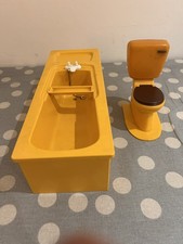 Vintage Sindy Toilet and Bath. Orange bathroom doll house furniture