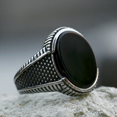 Men black oval stone - men's, signet