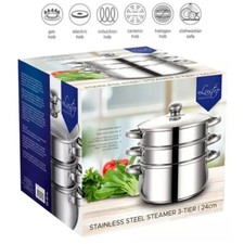 3 TIER STAINLESS STEEL STEAMER COOKER POT COOKING PAN SET FOOD GLASS LIDS 24CM