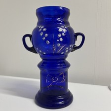 Vintage Blue Glass Mantle Trophy Vase  Lily of the valley design 20 Cms 