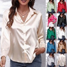 Women's Satin Silk Button-Up Dress Shirt OL Work Ladies V Neck Lapel Blouse Tops